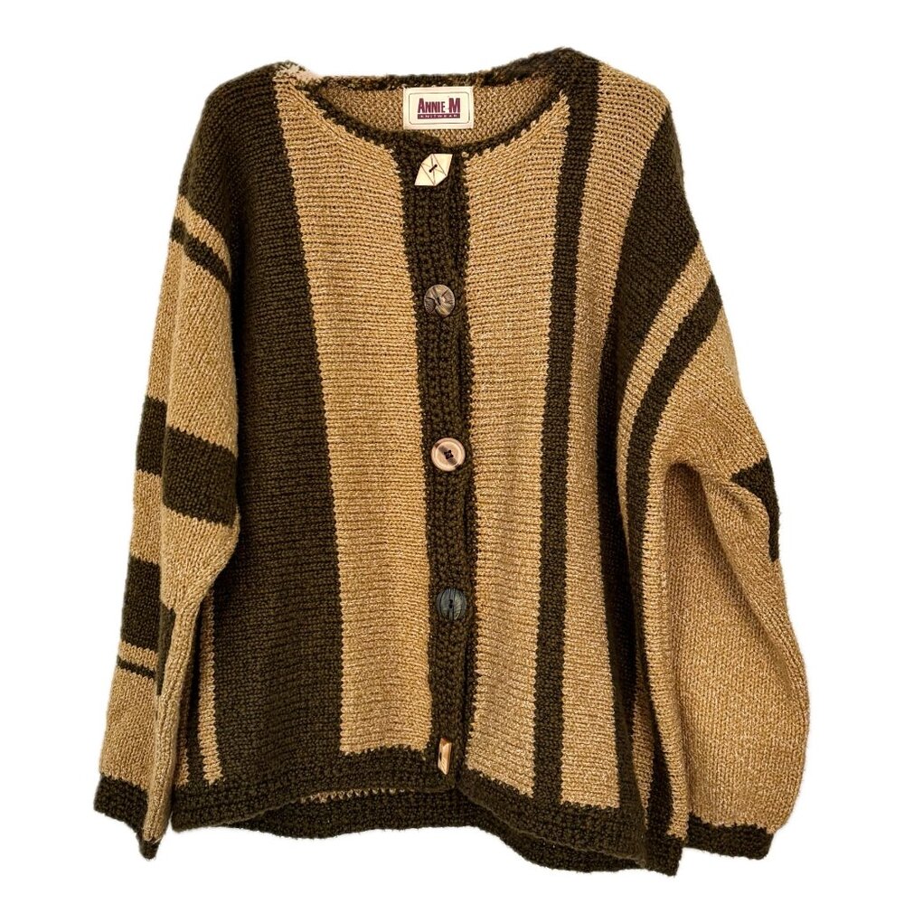Annie M Knitwear On Trend Oversize Cardigan Sweater Earth Tone Stripes Size M